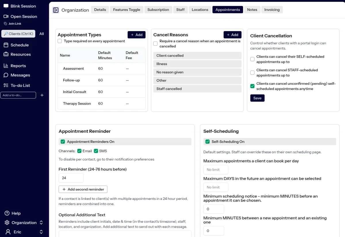 Blink Session organization settings for appointment types, cancellation reasons, client cancellation rules, appointment reminders and self-scheduling.