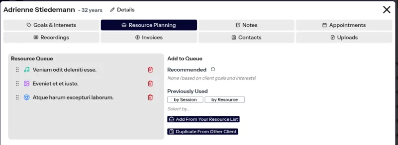 A Blink Session client record with tabs for goals and interests, resource planning, notes, appointments, recordings, invoices, contacts and uploads, showing a queued resource list.