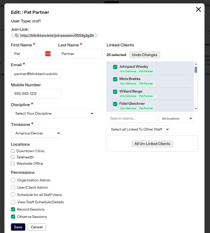 The Blink Session staff permissions editor, showing role checkboxes for organization admin, scheduling, viewing staff schedules, recording and observing sessions, plus a list of linked clients.