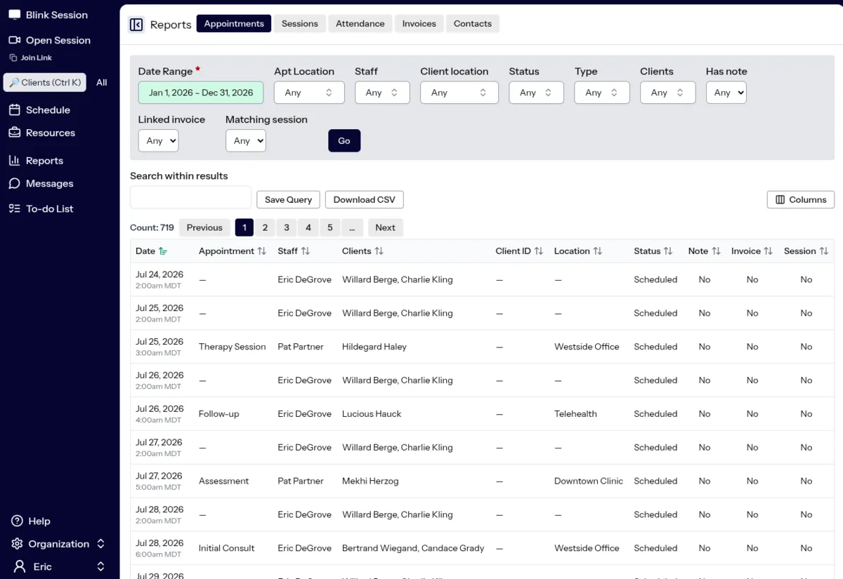 The Blink Session appointments report, showing a filterable table of sessions by date range, staff, client, location and status, with a download CSV option.