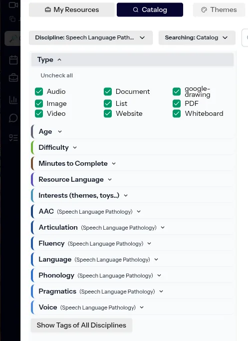 The Blink Session resource catalog filter panel, with resource type checkboxes and tag groups for age, difficulty, interests, AAC, articulation, fluency, language, phonology, pragmatics and voice.