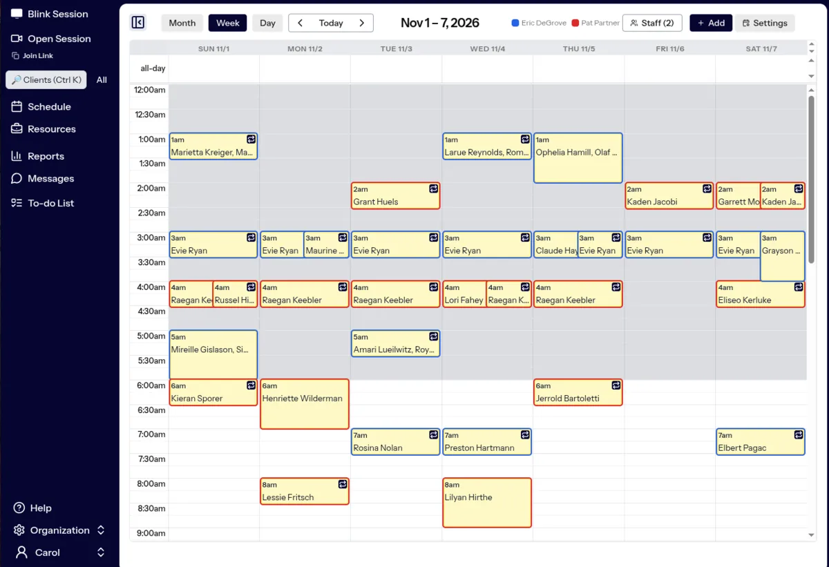 The Blink Session week calendar showing colour-coded appointments across two staff members, with month, week and day views and drag-and-drop rescheduling.