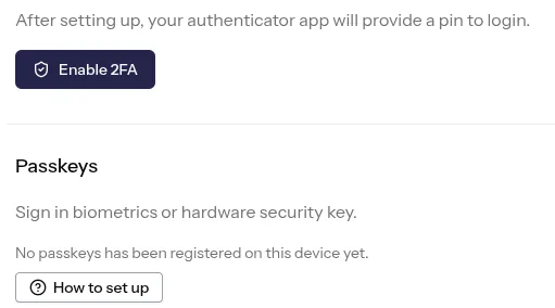 Blink Session account security settings offering two-factor authentication and passkey sign-in using biometrics or a hardware security key.