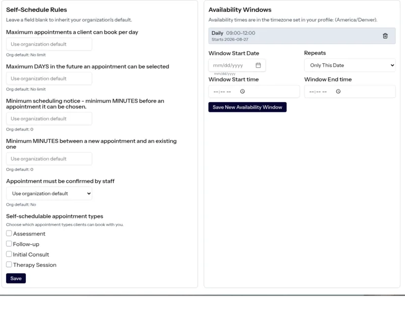 Blink Session self-scheduling rules alongside availability windows, controlling how far ahead clients may book, minimum notice, and which appointment types are self-schedulable.