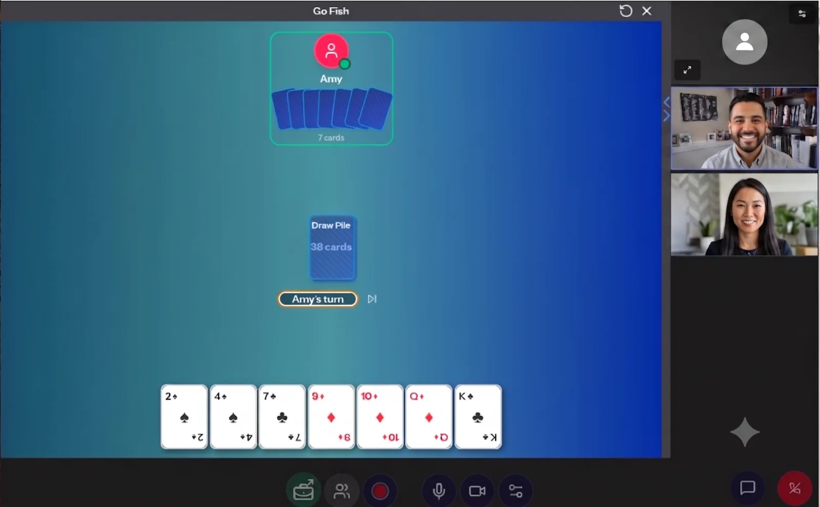 A game of Go Fish being played inside a Blink Session, showing the draw pile, a hand of cards, a turn indicator, and two participant video feeds.