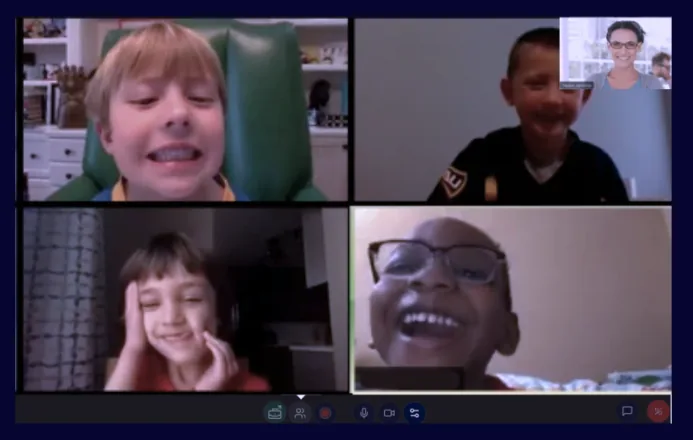 A group Blink Session with four participants in a video grid, including three children and an adult facilitator.