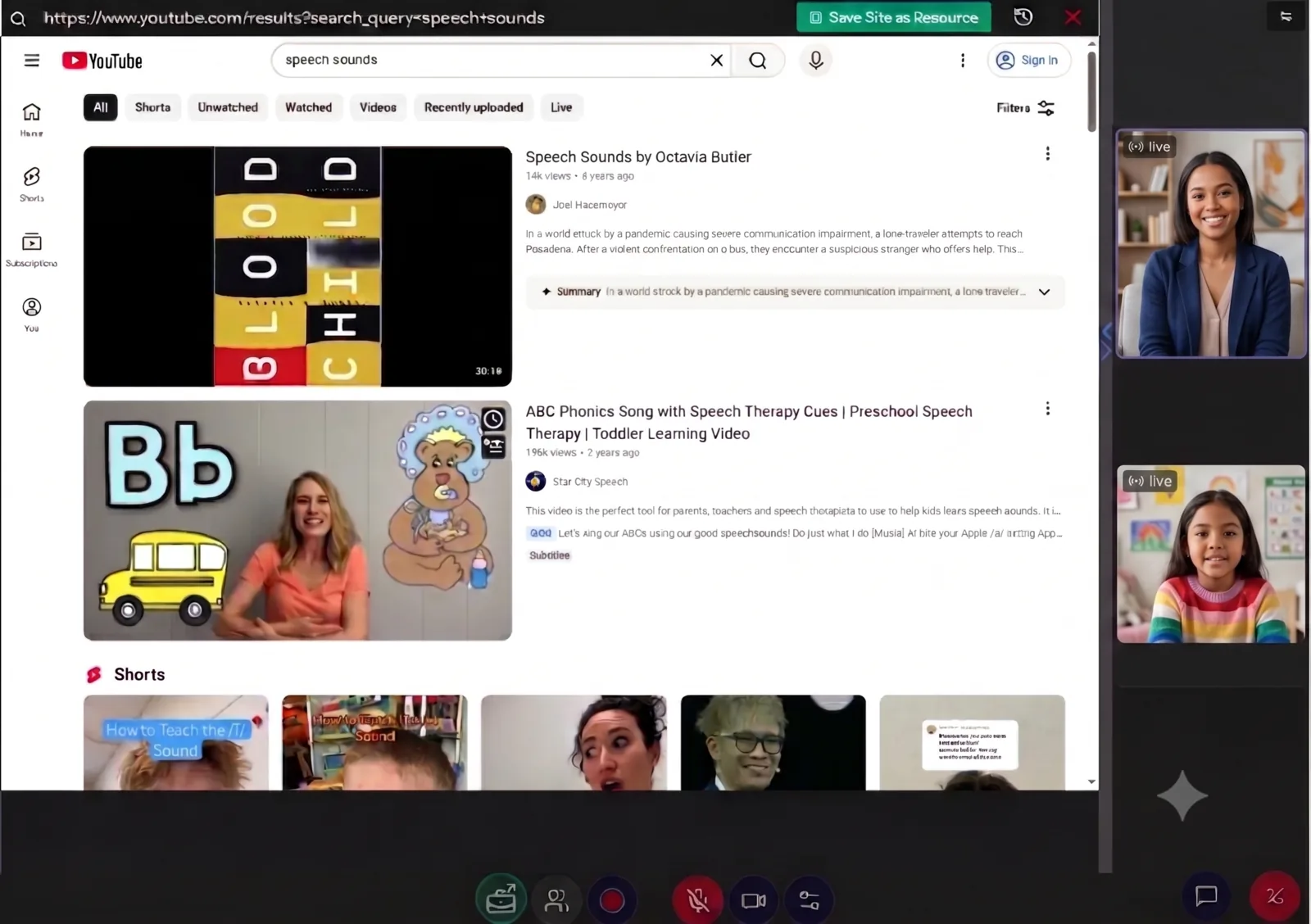 The co-controllable virtual browser inside a Blink Session, showing a YouTube search for speech sounds with a Save Site as Resource button, alongside therapist and client video.